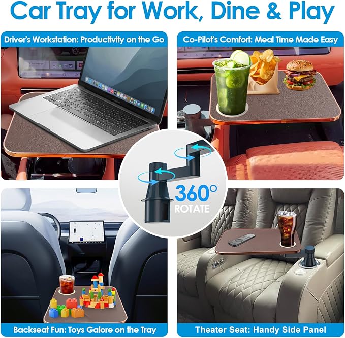 Car Tray& Car Desk for Laptop,Dual 360° Rotating,Anti Slip Leather Surface, Food Tray, Cup Holder Table Compatible with Tesla Model Y/3/S, Ford F150/Explorer/Maverick/Home Theater Seating (Brown) - Image 2