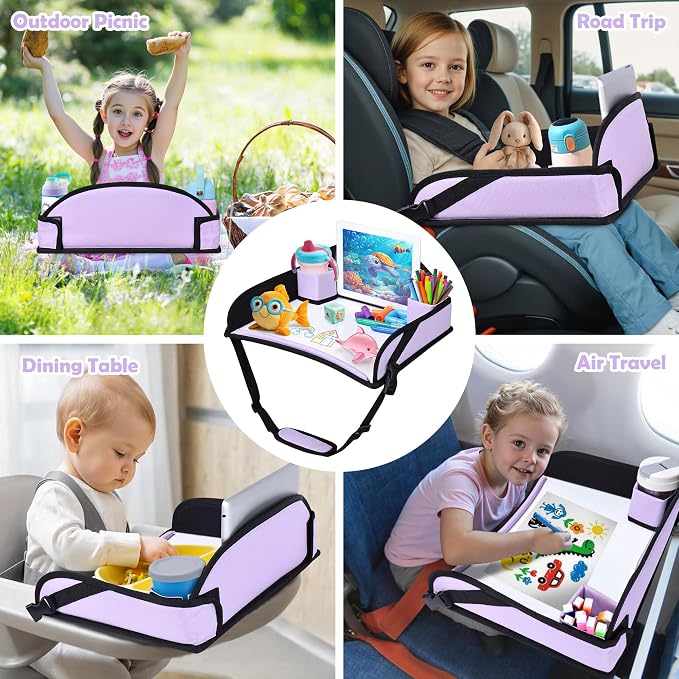 Toddler Car Seat Travel Tray FOR Road Trip Activities, Purple | Kids Carseat Tray With 16.7" x 13.4" Smooth Dry Erase Board, Cup holders, Ddjustable Strap & Shoulder Carry Strap - Image 8