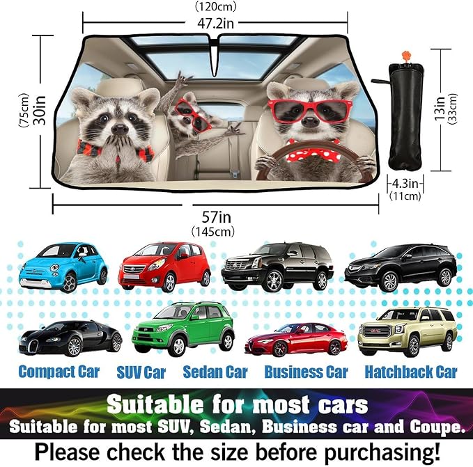 CHILL·TEK Print Raccoon Windshield Sun Shade Funny Raccoon Sun Shade for Car Front Window Block UV Rays Foldable Umbrella Windshield Sun Visor Protector Keep Vehicle Cool for Most Vehicles - Image 4
