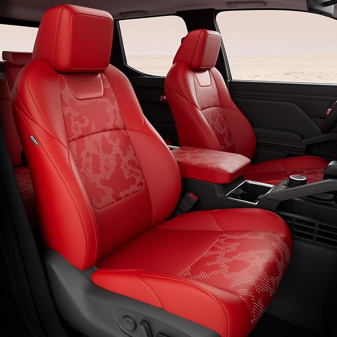 RIDEPOSH Custom Leather Seat Covers for Toyota Tacoma Double Cab 2024-2026 | full set, camo red, OEM fit, premium waterproof leather, anti-slip, extra pockets, long-term durability, airbag compatible by RIDEPOSH