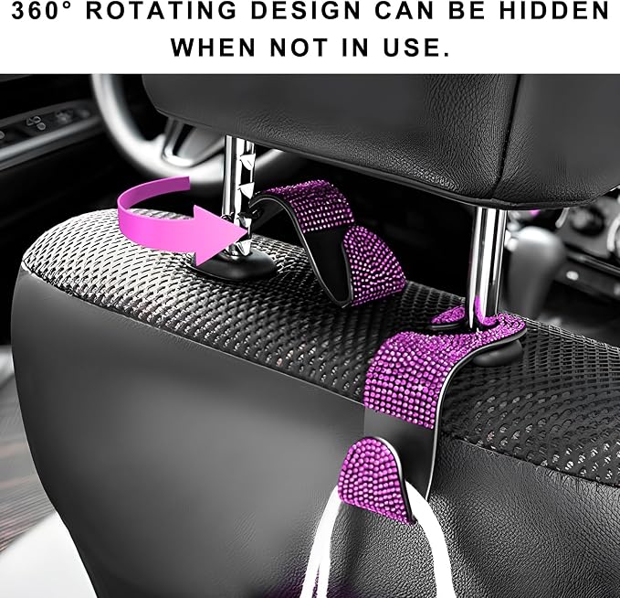 4 PCS Car Seat Headrest Hooks, Bling Crystal Rhinestone Back Seat Hanger Storage Organizer, Sparkly Seatback Holder Hooks for Purse and Bags Universal For Most Vehicles (Pink) - Image 6