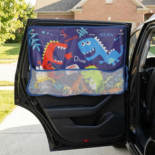 Car Window Shade for Baby, Car Sun Shade Curtain with Storage Pockets & Suction Cups, Cartoon Sun Blocker Blind for Side Windows, Blocks Heat, Privacy Cover for SUV Sedan (Cute Dino Pals) by Unknown