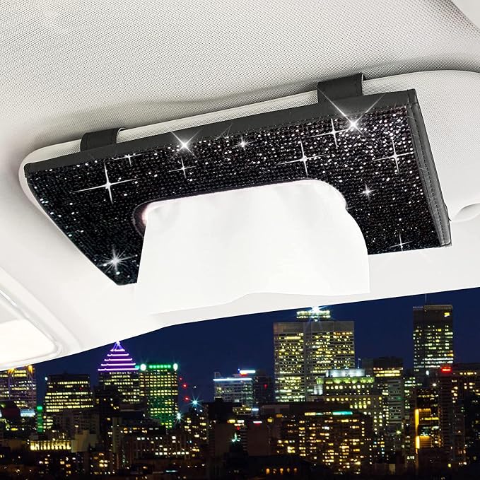 ChuLian Bling Bling Car Visor Tissue Holder | PU Leather Crystals Paper Towel Cover Case & Glitter Sunglasses Clip for Women Black Diamond by ChuLian