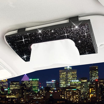 ChuLian Bling Bling Car Visor Tissue Holder | PU Leather Crystals Paper Towel Cover Case & Glitter Sunglasses Clip for Women Black Diamond by ChuLian