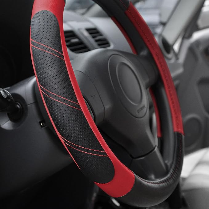 Elantrip Leather Steering Wheel Cover 14 1/2 to 15 inch Universal Padded Soft Grip Breathable for Car Truck SUV Jeep Anti Slip Black and Red - Image 2