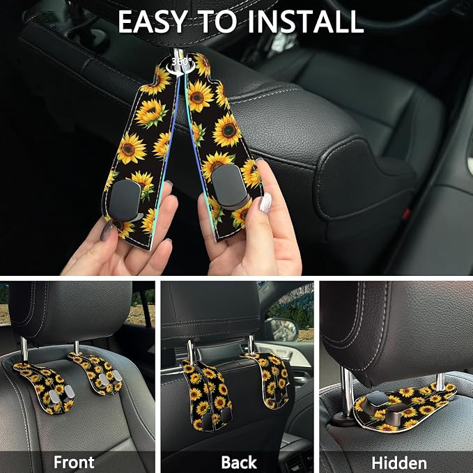 Blusabaca 2PCS Car Seat Headrest Hooks, Purses Bags Holder, Sunflower | PU Leather, Double Metal Back Storage Hangers for Grocery Bags Handbags Bottles Coats Phones, Car Accessories Organization - Image 6