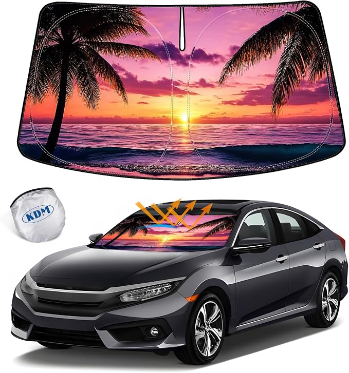 KDM Sunset Beach Style Front Windshield Sun Shade for 2016-2021 Honda Civic | Foldable Reflective Windows Sunshade Visor Protector Blocks UV Rays Heat by KDM