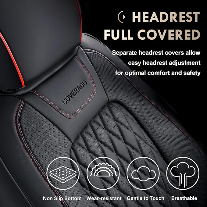 Coverado Leather Car Seat Cover, Custom Fit for Ford F150 Seat Covers, Ford F150 Truck Seat Covers Waterproof Fit for 2015-2026 F150 & 2017-2026 F250 F350 F450 Redline - Front Pair - Image 4