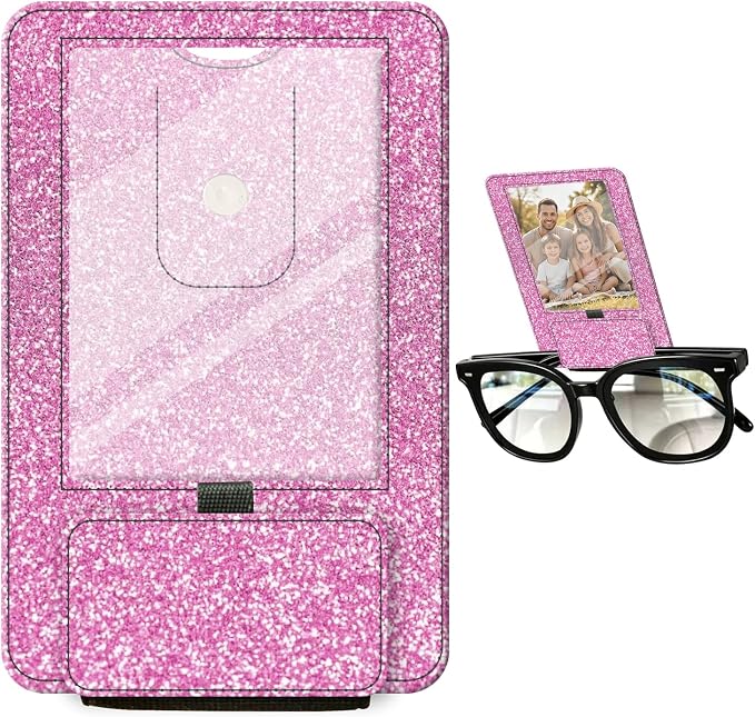 2-in-1 Car Visor Sunglasses & Photo Holder, Magnetic PU Leather Glasses Clip with Picture Display Slot, Universal Sun Visor Organizer for Eyeglasses, Personalized Cards & Memories, Light Pink Glitter by Unknown