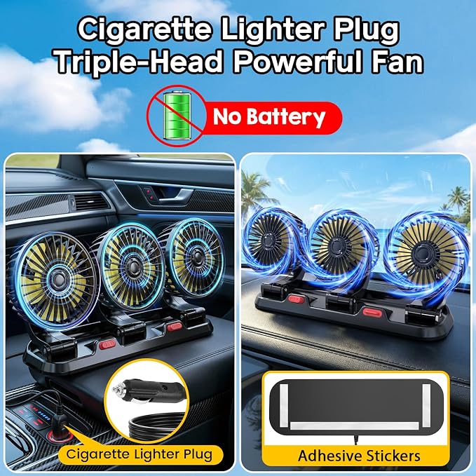 Portable 3-Head Car Cooling Fan, Fans for Vehicles Cars Dashboard | Cigarette Lighter Plug, No Battery - Image 5