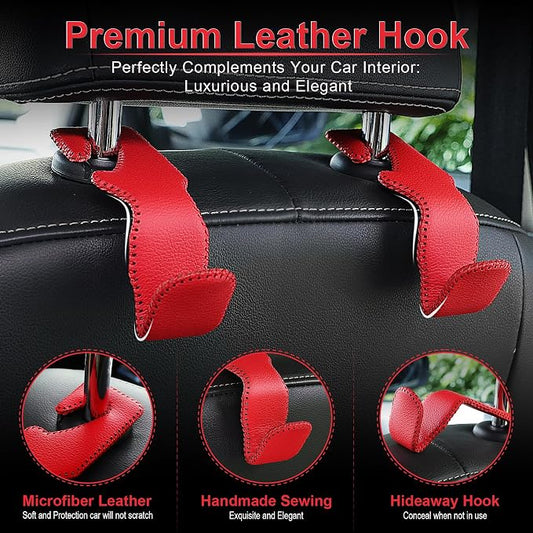 LivTee Red Superior Leather Car Seat Back Headrest Hook, Auto Seat Hook Hangers Interior Accessories for Purse Coats Umbrellas Grocery Bags Handbag, 2-Pack - Image 2