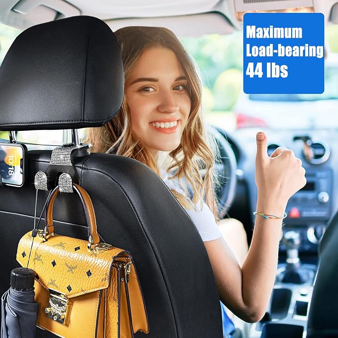 Bling Car Purse Hooks 2Pcs, Rhinestones Car Headrest Hook Backseat | Double Hooks,Holds 44Lbs,Wide Opening,Durable Nylon,Car Seat Hook,Purse Holder,Bling Car Accessories for Women,White - Image 2