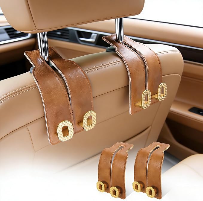 Car Headrest Hooks Universal Car Purse Hook Premium Leather and Alloy Twin Hook Car Seat Back Storage Hanger Hook for Purse Bags Cloth Drink Durable Holder Car Accessories (BH09-Brown-Gold) by GELVTIC
