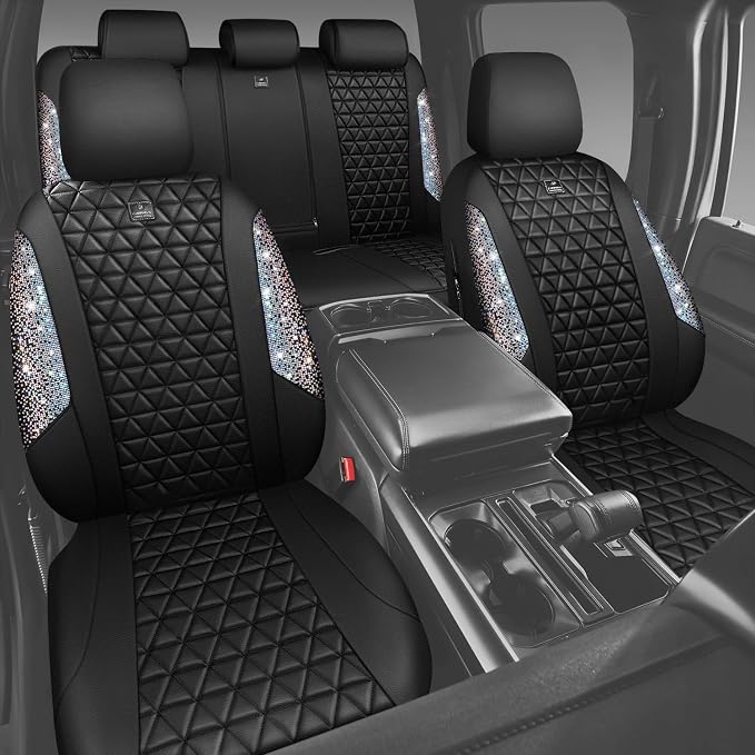 CAR PASS Bling Diamond Leather Car Seat Covers for 2 Front Interior Sets, Waterproof Shining Glitter Sparkly Crystal Universal Armrest Automotive Truck SUV Cute Women Girl, Black Multicolor Rhinestone - Image 7