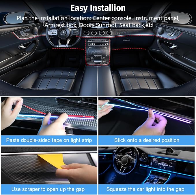 118" Acrylic Interior Car Lights with Smart APP RGB 2 in 1 (2 * 59in) | USB Powered Ambient Lighting Kits, 0.08in Ultra-Thin Thickness Car LED Strip Light Music Sync Neon Strip for Vehicle - Image 8