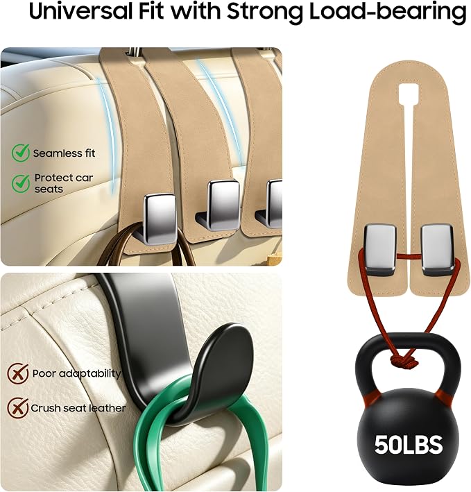 Amooca Car Headrest Hooks 2-Pack Suede Seat Organizer with Metal Core | Universal Fit, Double-hook Design, Backseat Storage for Backpack Umbrella Water Bottle Coat Purses Handbags Groceries, Beige - Image 5