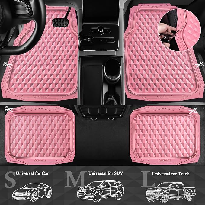 CAR PASS Heavy Duty Rubber Pink Car Floor Mats & Cargo Liners, Deep Dish All-Weather Trunk Mats Durable Anti-Slip 3D Rhombus Waterproof Trim to Fit Liner Universal Fit Auto,Sedan,SUV,Truck, Pink - Image 5