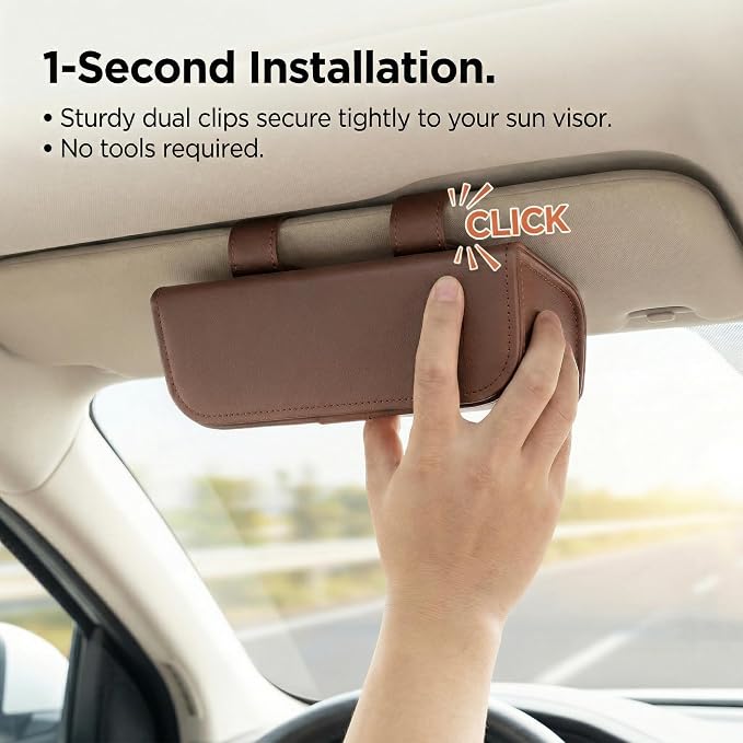 Magnetic Sunglasses Holder for Car Visor, PU Leather Clip, Brown | Soft Inner Lining, One-Handed Access, Holds Eyeglasses, Parking Tickets and Receipts, For Cars, SUVs and Trucks, 1 Pack - Image 6
