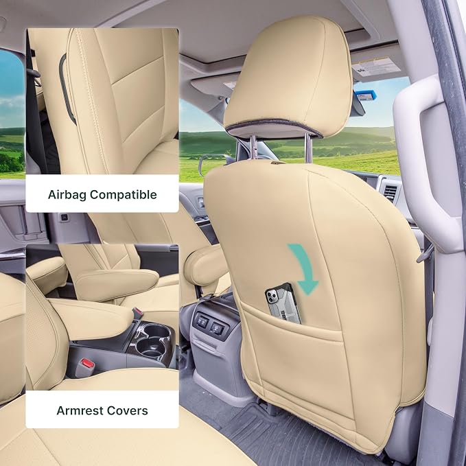FH Group Custom Fit Car Seat Covers Specifically Made for 2011-2020 Toyota Sienna 8 Passenger, Car Seat Cover Full Set, Automotive Seat Covers in Solid Beige Faux Leather, Waterproof and Washable - Image 3