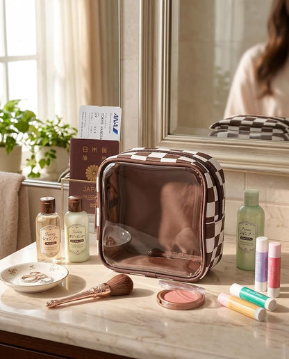 Clear Checkered Makeup Bag, Small Cosmetic Pouch with Zipper Mini Waterproof Makeup Purse Organizer Cute Cosmetic Bag Travel TSA Approved Toiletry Bag Car Organizer for Women Girls (Brown) - Image 8