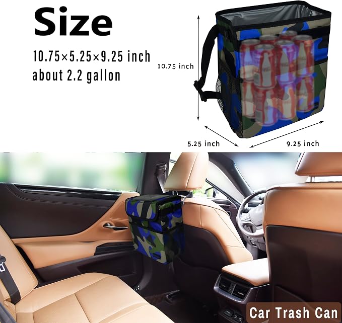 SIBOFUEGO Cute Car Trash Can with Lid – Multipurpose Collapsible Trash Bin for Car, Leak-Proof Organizer, Waterproof Garbage Can with Storage Pockets & Adjustable Straps, 2 Gallons (Camo Blue) - Image 4