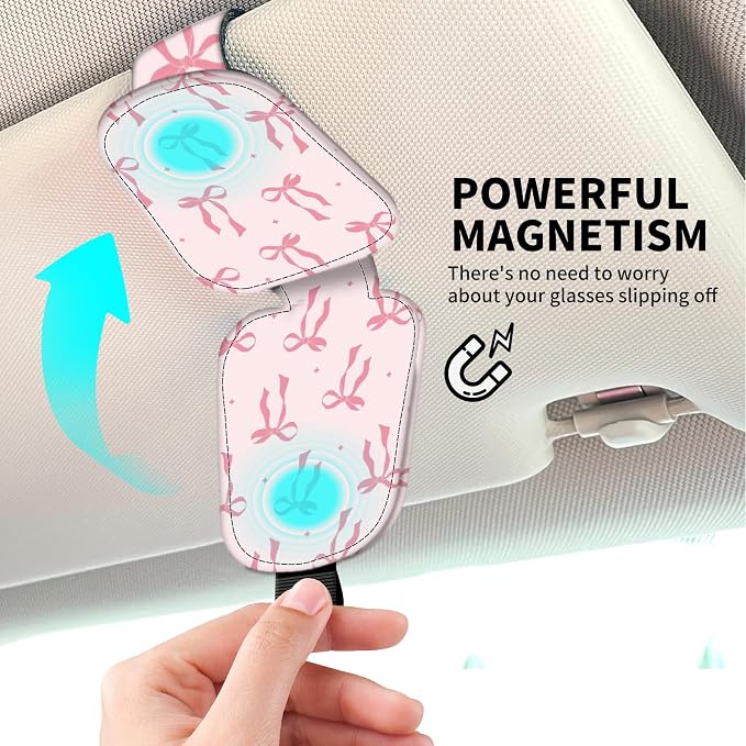 Leather Magnetic Sunglass Holder for Car Sun Visor, Cute Eyeglass Ticket Card Hanger Clip, Universal Auto Interior Accessories for SUV Pickup Truck, Pink Bow - Image 3