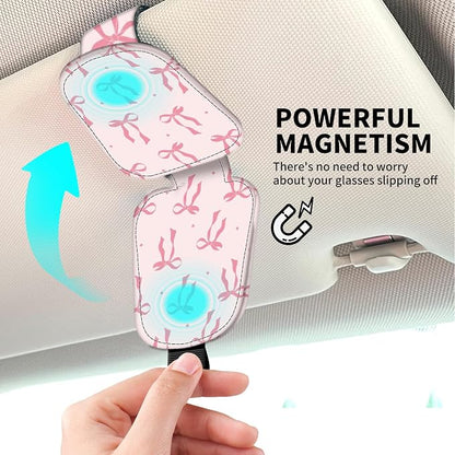 Leather Magnetic Sunglass Holder for Car Sun Visor, Cute Eyeglass Ticket Card Hanger Clip, Universal Auto Interior Accessories for SUV Pickup Truck, Pink Bow - Image 3