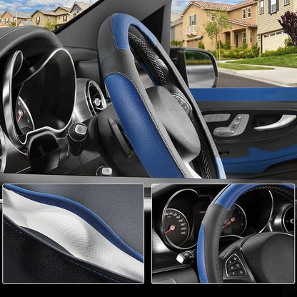 SEG Direct Steering Wheel Cover 14.5-15 inch Car Auto Interior Accessories | Universal Medium Standard Size 37-39cm for Car Truck SUV, Microfiber Leather, Anti-Slip Comfortable Grip, Black and Blue - Image 3