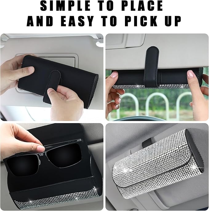 Ohleats Bling Sunglasses Holder for Sun Visor, Sparkling Glasses Sun Visor Organizer Case with Hidden Magnetic Closure, Auto Visor Crystal Eyeglasses Storage Case, Car Accessories (Bling Blue) - Image 4