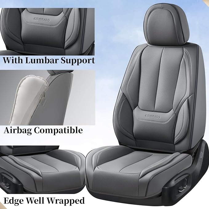 Coverado Car Seat Covers Full Set, Seat Covers for Cars, Gray Car Seat Protector Waterproof, Nappa Leather Car Seat Cushion, Car Seat Covers Front Seats and Back Fit for Most Cars - Image 5