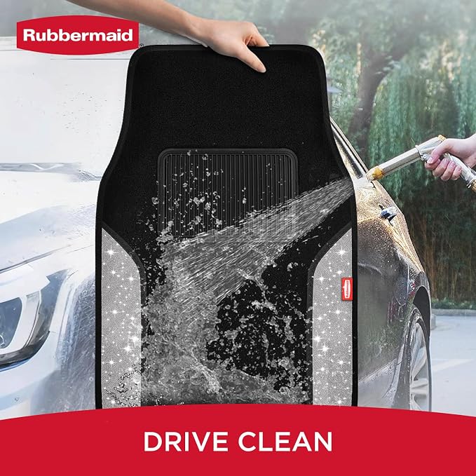 Rubbermaid Bling Car Mats, Carpeted Floor Car Mat with Faux Leather & Built-in Heel Pad, Two-Tone Car Rug Floor Mats, Stylish Carpeted Floor Mats for Cars, Trucks & SUVs Glitter Sliver Color - Image 5