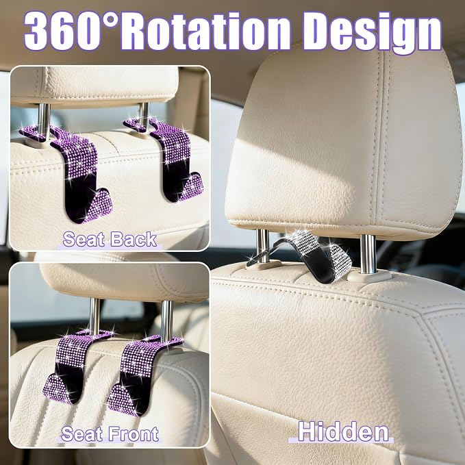 BFXM 6 Pack Car Seat Headrest Hooks,Car Accessories Bling Purple | Back Seat Purse Hanger Holder Hook, Universal Storage Organizer for Handbag Grocery Bags Coats - Image 4