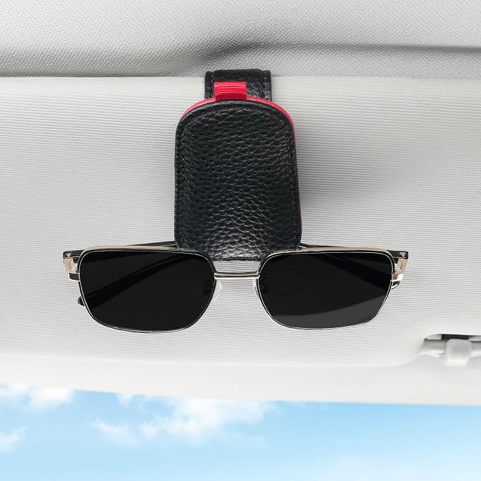 SINGARO Sunglasses Holder for Car, Leather Magnetic Buckle Sun Visor Sunglass Clip, Ticket Card Storage Glasses Clip, Car Interior Accessories for Men and Women（Black-red） - Image 4