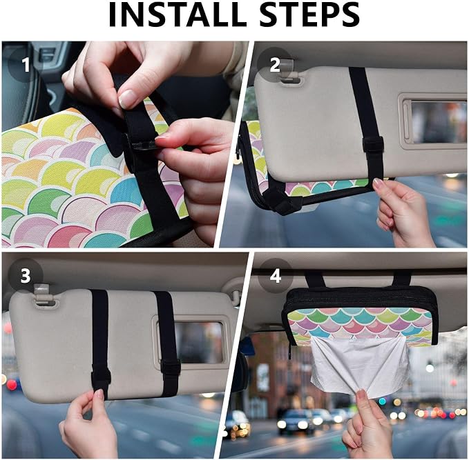 Car Tissue Holder Car Napkin Holder Tissue Box Dispenser Storage Case Sun Visor Mask Holder Accessories with Adjustable Straps Reusable Refillable Bright Multicolor Mermaid Scale - Image 5