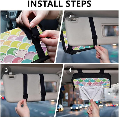 Car Tissue Holder Car Napkin Holder Tissue Box Dispenser Storage Case Sun Visor Mask Holder Accessories with Adjustable Straps Reusable Refillable Bright Multicolor Mermaid Scale - Image 5