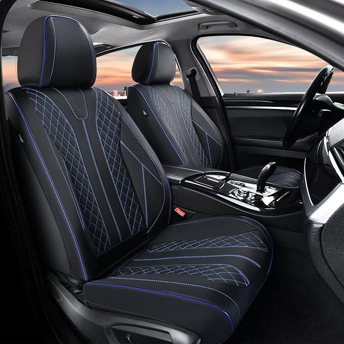 FLORICH Automotive Car Seat Covers Front Seat, Leather Car Seat Cover 2 Pack Waterproof Front Seat Covers Full Coverage Driver Seat Protector Universal Fit for Most Cars SUV Trucks, Black&Blue Line by FLORICH