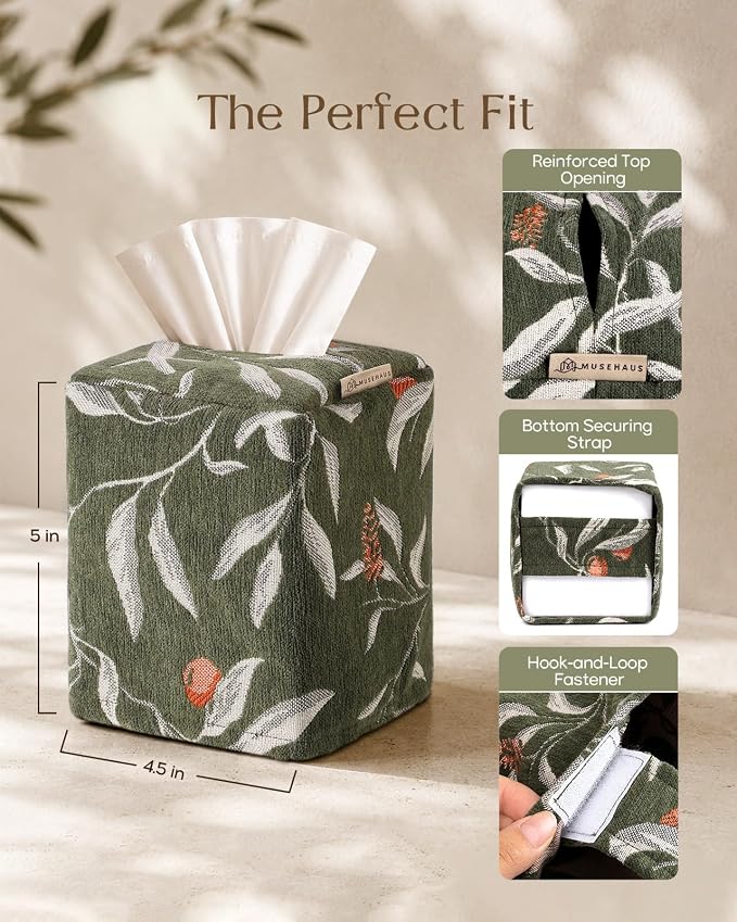 Chenille Tissue Box Cover - Vintage Farmhouse Decor, Green Leaf | Tissue Box Cover Square, Cube Tissue Holder, 4.5x4.5x5.5 in, Home, Living Room, Bathroom, Bedroom, Office, Vanity, Car Decor - Image 3