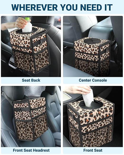 Capolo Car Trash Can with Lid, Leakproof Car Garbage Can Car Trash Bag | Waterproof, Trash Can for Car, 3 Mesh Pockets, Mini Hanging Vehicle Car Trash Bin, for Back/Front Seat (Leopard,2.5 Gal) - Image 6