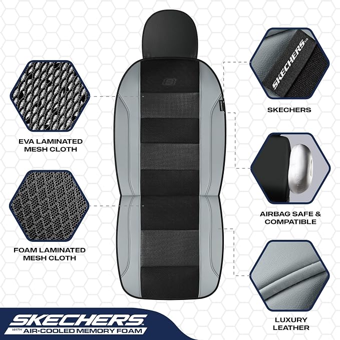 Skechers Air-Cooled Seat Covers, Memory Foam Car Seat Covers Front Seats, Airbag Compatible,Universal Fit for Most Cars, SUVs, Vans and Trucks,Grey - Image 4
