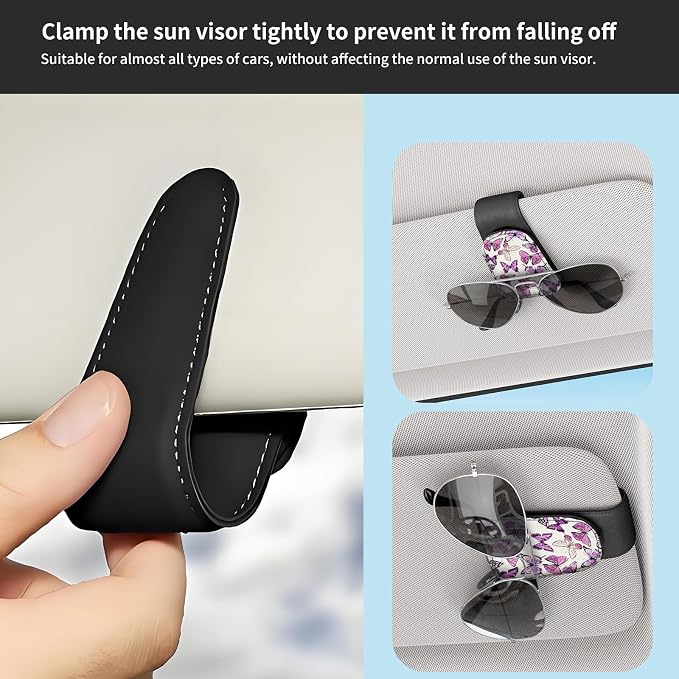 Sunglasses Holder for Car Visor, PU Leather Glasses Clip Organizer, Cute Magnetic Eyeglass Holder for Vehicle Sun Visor, Car Interior Accessory for Women & Men Pink Purple Butterflies - Image 5