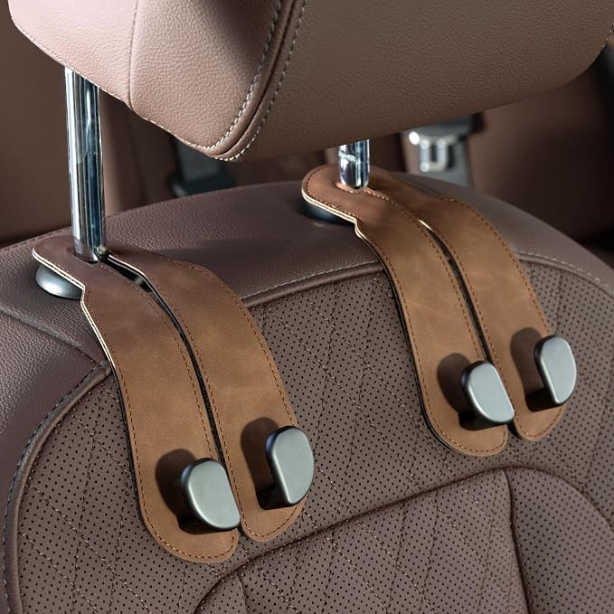 CoBak Purse Hook for Car - Universal Premium Stitched Leather and Aluminum-Magnesium Alloy Double Car Seat Back Storage Hook for Purses, Handbags, Bags (2 Pack),Brown by PopulartabletcasebrandWegivepeoplethebestdesignofprotectingvariouselectronicdevices