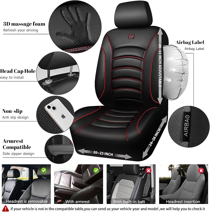 CAR PASS 3D Foam PU Leather Car Seat Covers, Universal Seat Covers Front 2 for Trucks SUV Sedan Automotive Seat Covers Armrest Airbag Compatible Waterproof Comfortable Faux Nappa Leather Black Red - Image 4
