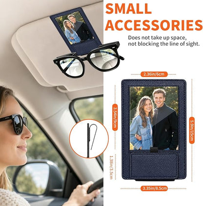 2-in-1 Car Visor Sunglasses & Photo Holder, Magnetic PU Leather Glasses Clip with Picture Display Slot, Universal Sun Visor Organizer for Eyeglasses, Personalized Cards & Memories, Navy - Image 5