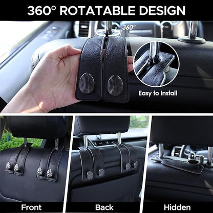 Leather Car Purse Hook for Headrest, 4 Pack (Black-Black) | Twin Hooks Headrest Hangers, 2/4 Pack, No-Slip, Scratch-Proof, Holds Purses, Backpacks, Grocery Bags, Car Organizer Gift - Image 4