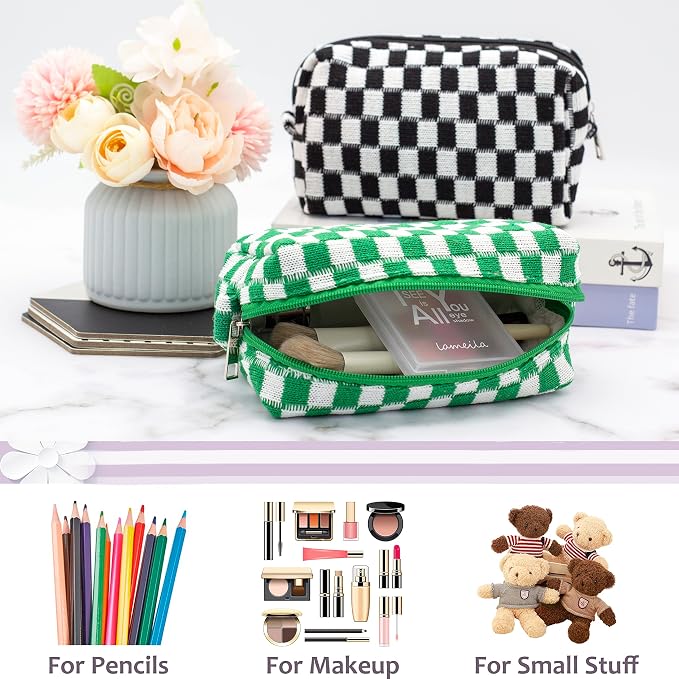 Checkered Makeup Bag for Purse, Small Travel Cosmetic Pouch,Green,6 Pack | Cute Zipper Makeup Organizer for Women, Travel Essentials, Toiletries, Makeup Brushes, Beauty Accessories&Bridesmaid Gifts - Image 4