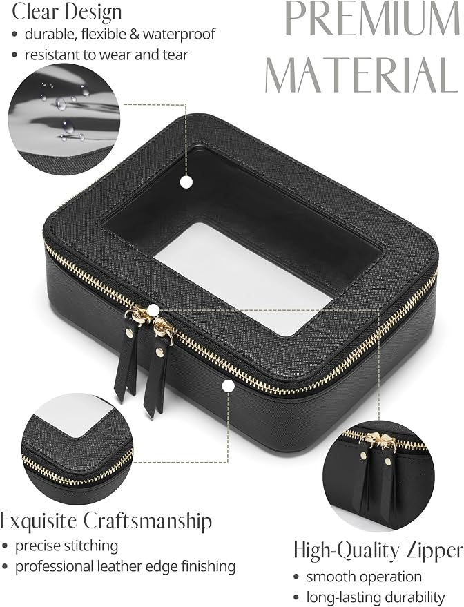 Clear Makeup Bag with Zipper, Women Travel Toilrty Bag Black Medium | Structured Clear Cosmetic Case, Car Essential Organizer Bag, Waterproof PU Leather, Dual Zipper, Wide Opening and Compact - Image 2