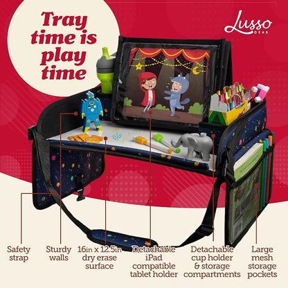 Lusso Gear Car Seat Activity Tray - Dry-Erase Top & Toddler Travel Essential - Mesh Pockets & Car Back Seat Organizer - Cup Holder & Road Trip Essentials for Kids - 600D Oxford Material - Image 3