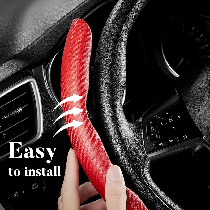 Carbon Fiber Steering Wheel Cover Universal 3pcs Protector Matte Red - Image 4