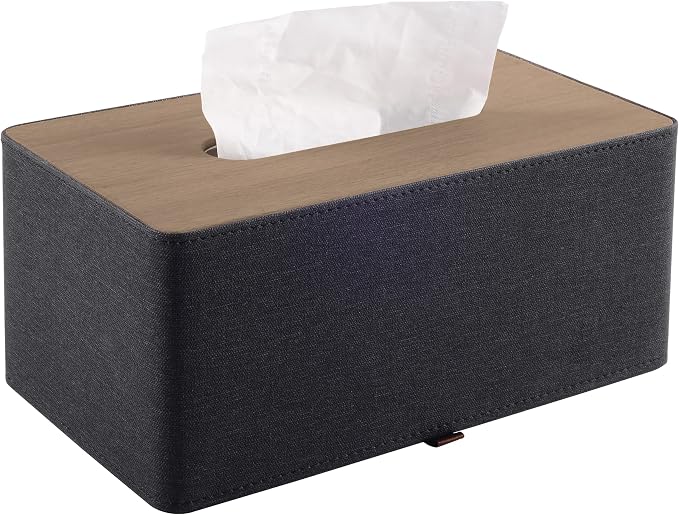 High-end Pu Leather Tissue Box Holder Two Color Combination-Linen and Wood Grain,Rounded Rectangle Napkin Paper Case Dispenser for Home Bathroom Dresser Offices Car Tissue Cover (Black) by RHCSZ