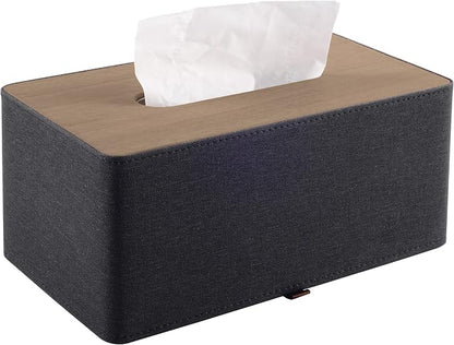 High-end Pu Leather Tissue Box Holder Two Color Combination-Linen and Wood Grain,Rounded Rectangle Napkin Paper Case Dispenser for Home Bathroom Dresser Offices Car Tissue Cover (Black) by RHCSZ